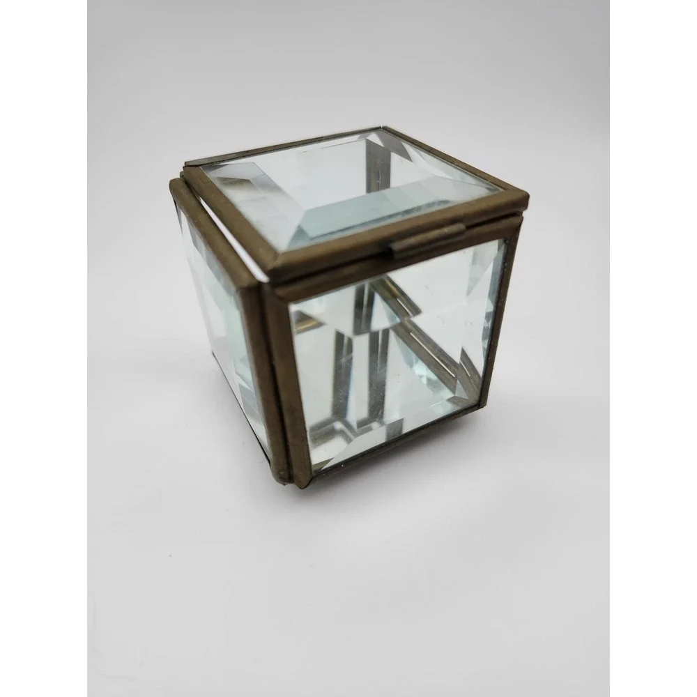 Small Vtg Thick Beveled Glass & Brass Jewelry/Trinket Box 2-5/8